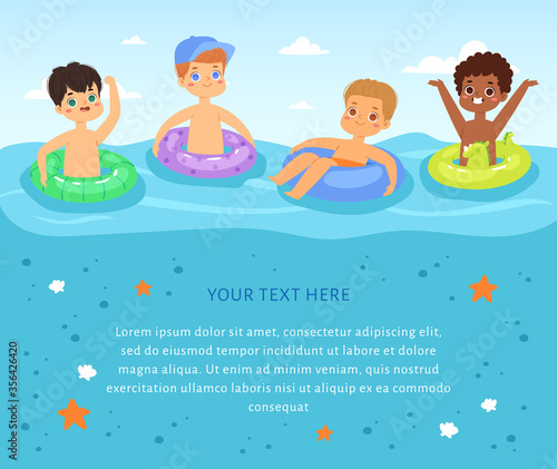 Multinational children have fun and in the water. Little girls with inflatable rubber circles swimming in the sea. Happy kids in the summer time. Template for brochure, banner with place for text