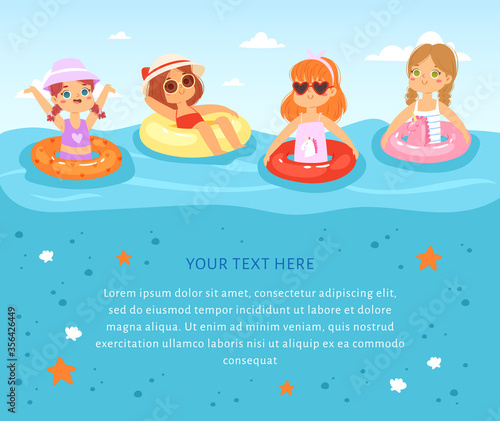 Multinational children have fun and in the water. Little girls with inflatable rubber circles swimming in the sea. Happy kids in the summer time. Template for brochure, banner with place for text