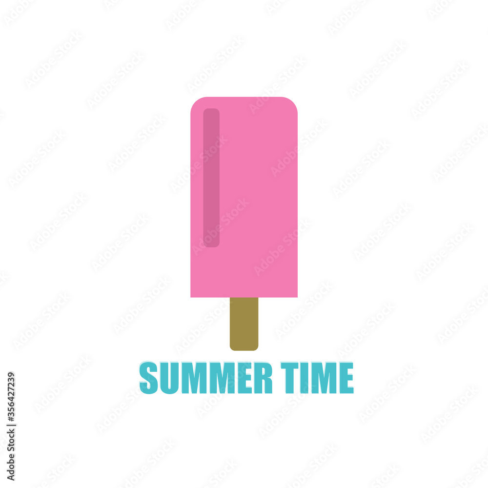 Pink ice cream on a stick with an inscription. Flat style. Vector illustration. Popsicle Pink ice cream on a stick with an inscription. Flat style. Vector illustration. Popsicle