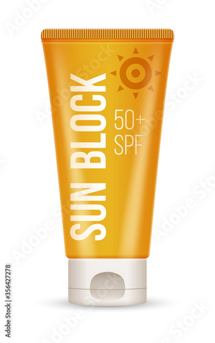 Sun block cream, oil and lotion containers. Sun protection and suntan cosmetics isolated on white background. Vector illustration