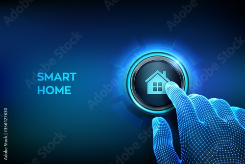 Smart home. Automation control system concept. Closeup finger about to press a button with house icon. Just push the button. Vector illustration. Smart home automation assistant. Vector illustration.