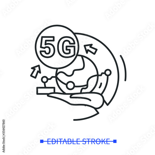 5G industry automation icon. Outline fifth internet connection sign. Automatic machines and robot assistance technology. Wireless satellite web concept. Thin line vector illustration.Editable stroke
