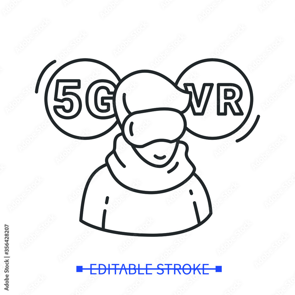 5G and vr icon.Virtual reality technology development with 5th generation internet concept.Outline man wearing vr glasses.Web communication and digital devices sign.Linear vector illustration.Editable 5G and vr icon.Virtual reality technology development with 5th generation internet concept.Outline man wearing vr glasses.Web communication and digital devices sign.Linear vector illustration.Editable