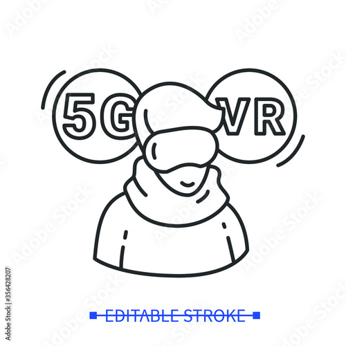 5G and vr icon.Virtual reality technology development with 5th generation internet concept.Outline man wearing vr glasses.Web communication and digital devices sign.Linear vector illustration.Editable