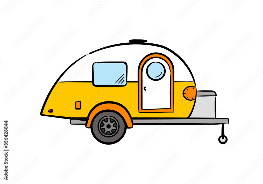 Hand-drawn retro caravan trailer. Camper isolated on white background. Vector illustration on the theme of travel, caravanning, camping, hiking and motorhomes.