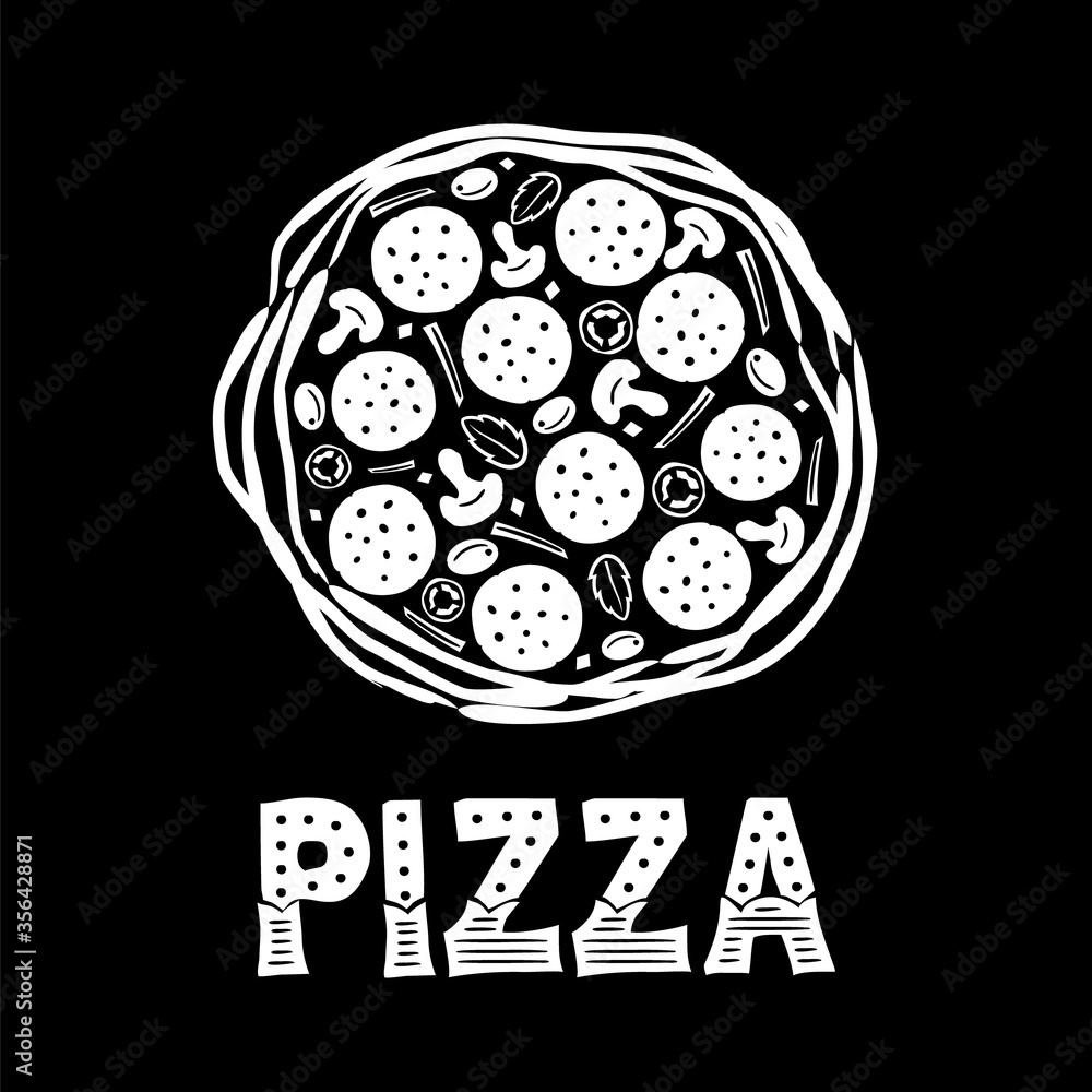 Hand-drawn chalk pizza. Lettering of the word Pizza. White drawing on a black chalkboard. Logo for a pizzeria, cafe or restaurant. Vector illustration Hand-drawn chalk pizza. Lettering of the word Pizza. White drawing on a black chalkboard. Logo for a pizzeria, cafe or restaurant. Vector illustration