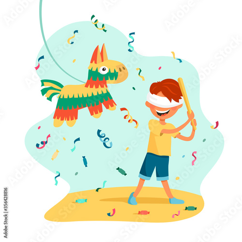 The boy hits the pinata in traditional colors. Cartoon vector illustration isolated on white background.