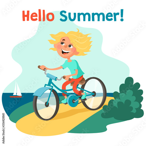 Hello summer! Cute happy tanned blonde girl rides a bicycle along the seashore. Vector illustration or greeting card in cartoon style.