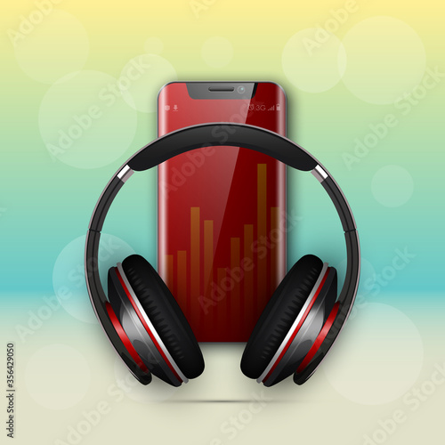 Image headphones on smartphone latest model background. Device for listening music on phone latest model background. Color stereo headphone for listening audio from phone. Banner earphones music party