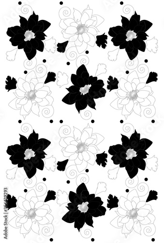 Chrysanthemum flowers pattern. Black and white. White background