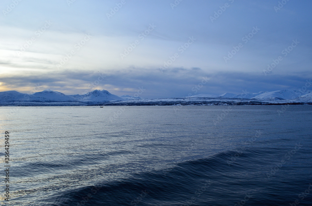 blue snowy mountain and fjord landscape