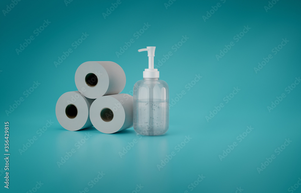 Obraz premium Hygienic Set of Toilet Paper Rolls and Antiseptic Sanitizer Gel, Frontal View, Turquoise Background, 3D Illustration, Space for Text