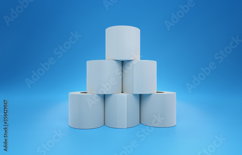 Pile of Toilet Paper Rolls  Frontal View  Blue Background  3D Illustration Studio Shot  Space for Text