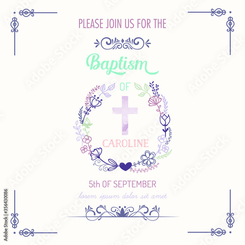 Cute vintage Baptism invitation card with hand drawn flowers