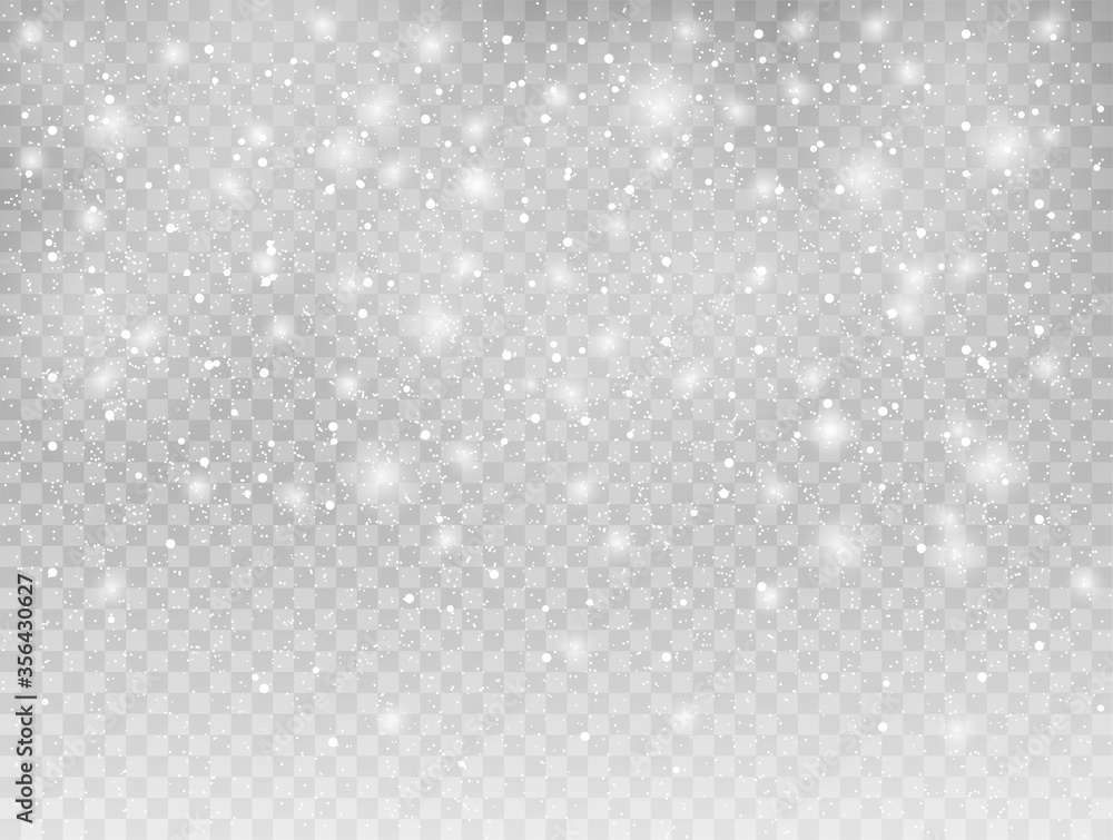 Seamless realistic falling snow or snowflakes in winter on grey transparent background. Vector Isolated Illustration EPS 10