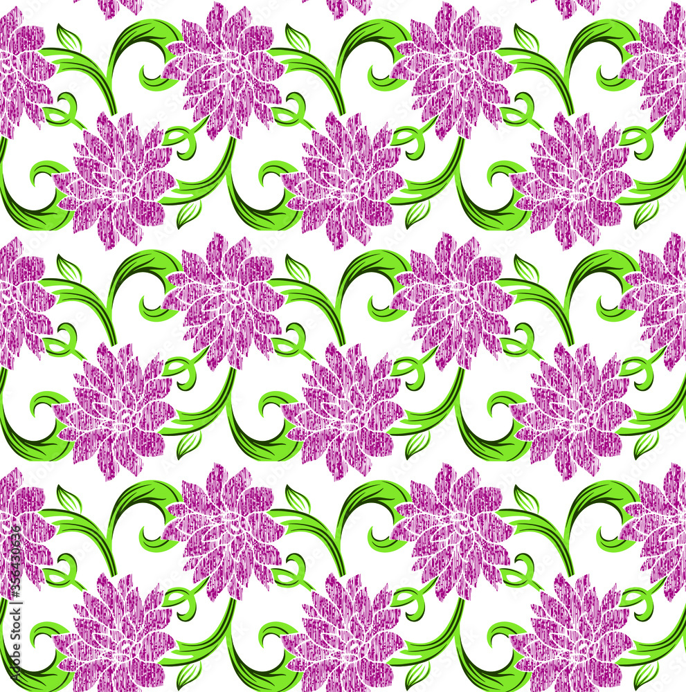 Simple ikat pink flower pattern with green leaves.seamless pattern with flowers