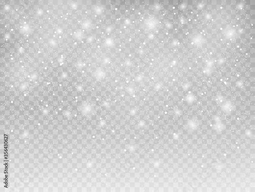 Seamless realistic falling snow or snowflakes in winter on grey transparent background. Vector Isolated Illustration EPS 10