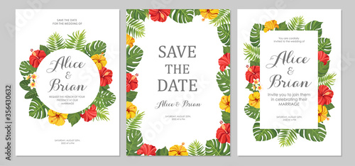 Wedding invitation set. Cards with tropical flowers hibiscus and green leaves. Floral border. Save the date, invite, birthday card design. Vector illustration.