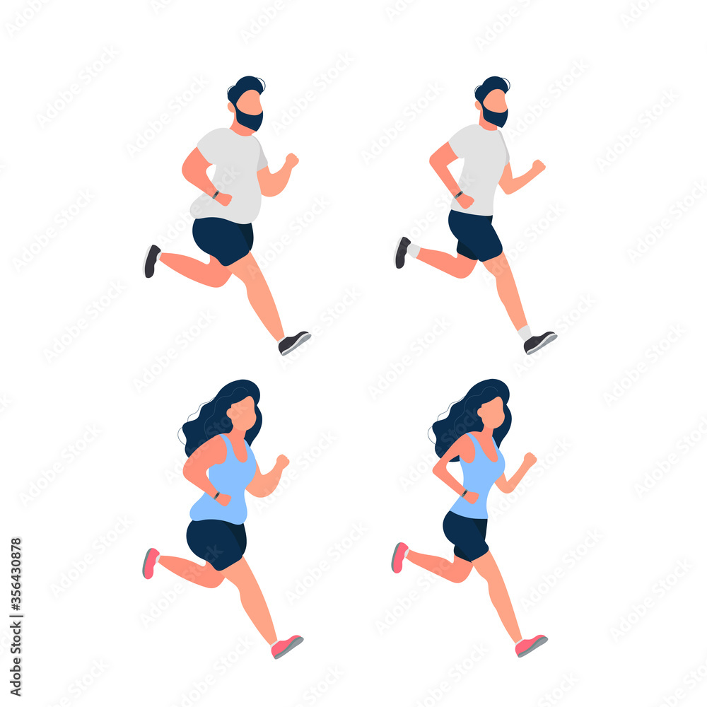 Set of running fat people. Fat man and woman are running. The concept of weight loss and a healthy lifestyle. Isolated. Vector