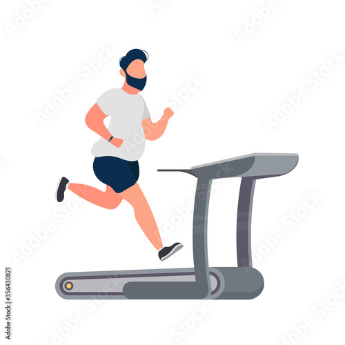Fat man runs on a treadmill. Fat guy runs on the simulator. The concept of losing weight and a healthy lifestyle. Isolated. Vector