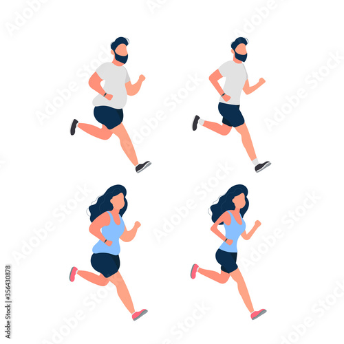Set of running fat people. Fat man and woman are running. The concept of weight loss and a healthy lifestyle. Isolated. Vector