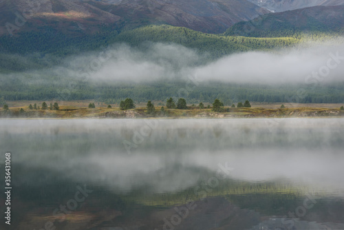mountains lake fog trees forest reflection