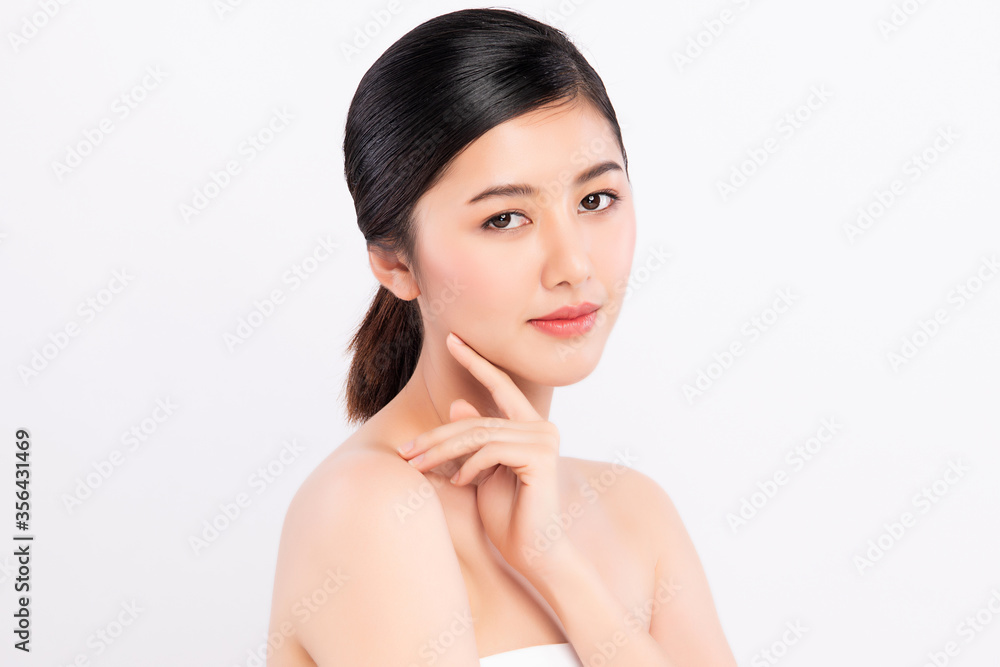 Beautiful Young asian Woman touching her clean face with fresh Healthy Skin, isolated on white background, Beauty Cosmetics and Facial treatment Concept. Beautiful Young asian Woman touching her clean face with fresh Healthy Skin, isolated on white background, Beauty Cosmetics and Facial treatment Concept.