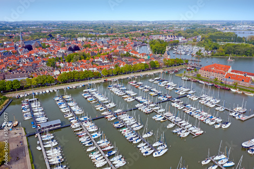 Aerial from the harbor and traditional village Hoorn in the Netherlands photo