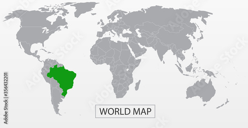 Political Vector Map of the world with clear borders with highlighted Brazil. Each country is isolated and selectable. Suitable for reports  statistics  infographics  templates. Silhouette backd