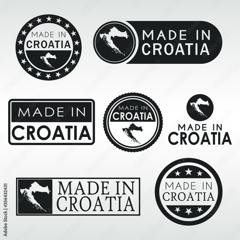 Stamps of Made in Croatia Set. Croatian Product Emblem Design. Export Vector Map.