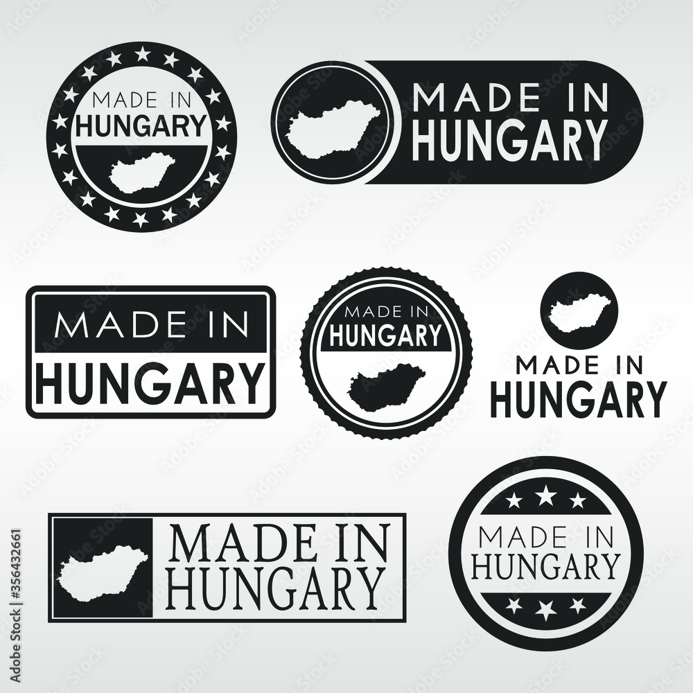 Obraz premium Stamps of Made in Hungary Set. Hungarian Product Emblem Design. Export Vector Map.