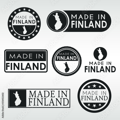 Stamps of Made in Finland Set. Finnish Product Emblem Design. Export Vector Map.