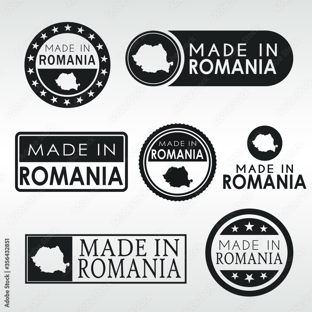 Obraz premium Stamps of Made in Romania Set. Product Emblem Design. Export Vector Map.