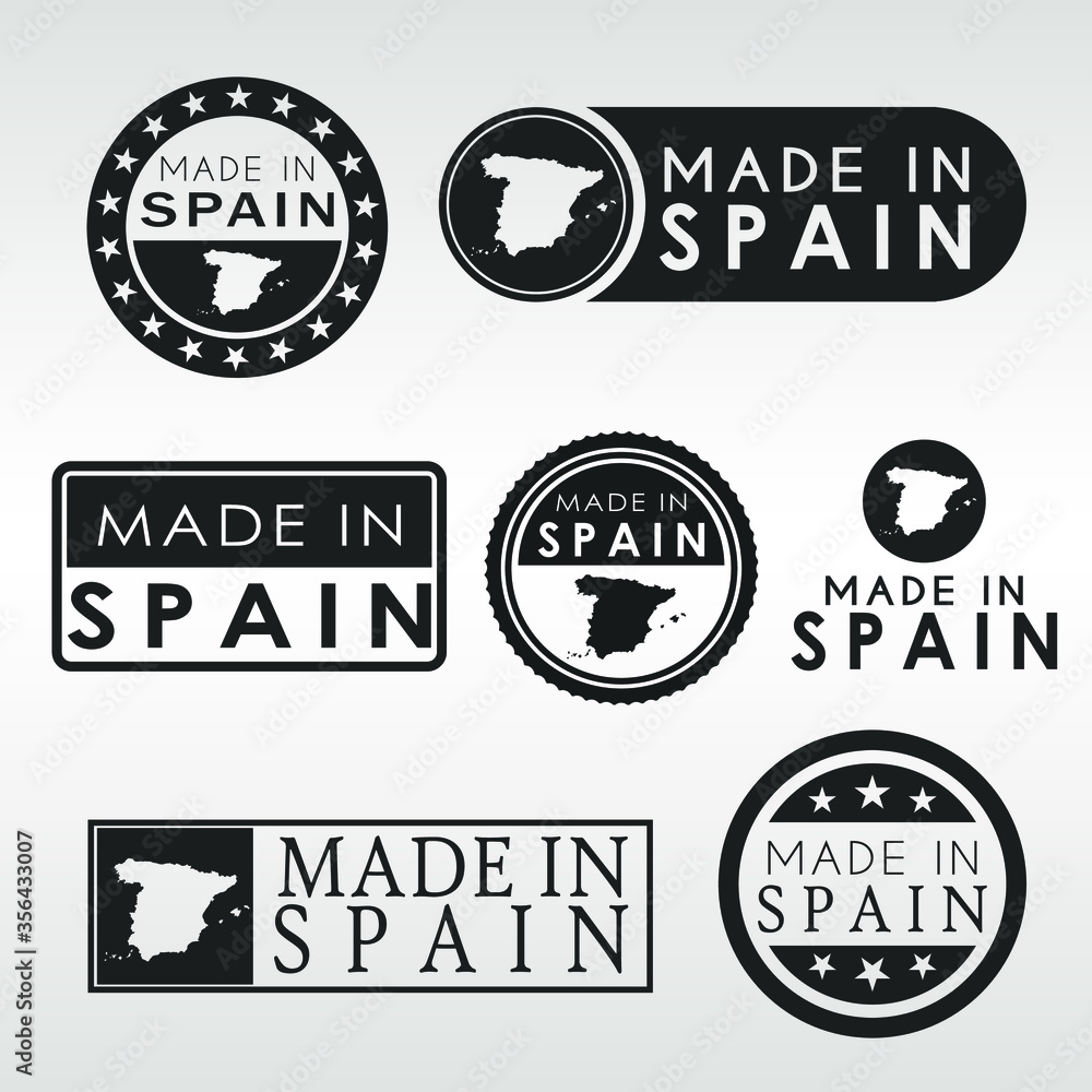 Stamps of Made in Spain Set. Spanish Product Emblem Design. Export Vector Map.