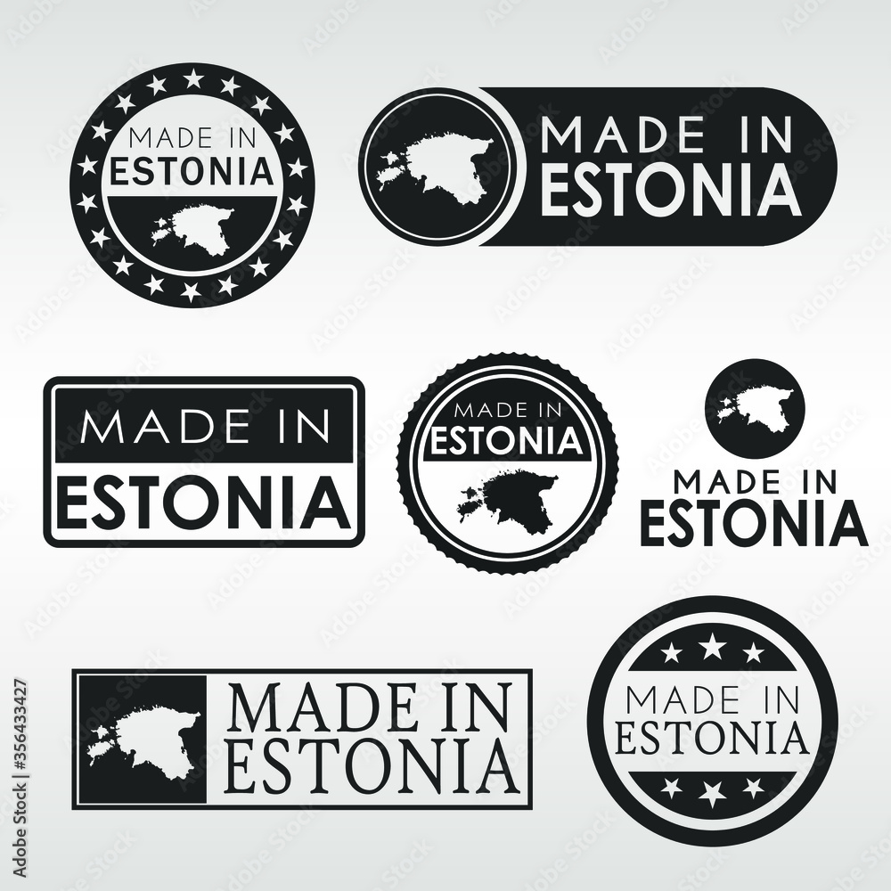 Stamps of Made in Estonia Set. Estonian Product Emblem Design. Export Vector Map.