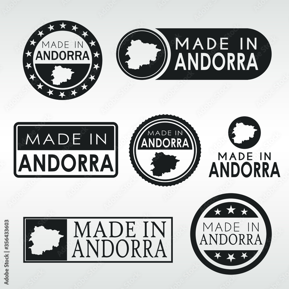 Stamps of Made in Andorra Set. Product Emblem Design. Export Vector Map.