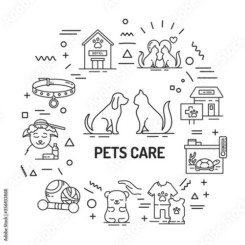 Pets care web banner. Services for domestic animals. Infographics with linear icons on white background. Creative idea concept. Isolated outline black illustration
