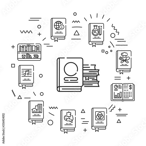 Genres of books web banner. Infographics with linear icons on white background. Creative idea concept. Isolated outline black illustration.