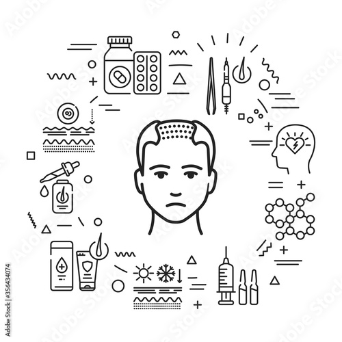 Cause of hair fall and treatment for alopecia Infographics with linear icons on white background. Creative idea concept. Isolated outline black illustration