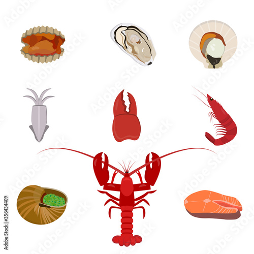 Seafood like shell, fish, shrimp, squid, crab , vector illustration icon isolated on white background