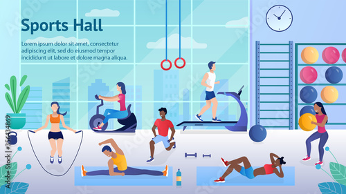 Diverse People at the gym do different exercises Jump on a skipping rope run on treadmills do fitness and use the exercise bike Sporty and beautiful. Healthy Lifestyle Flat Cartoon Vector Illustration