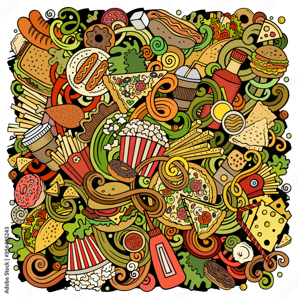 Fototapeta premium Fastfood hand drawn vector doodles illustration. Fast food poster design.