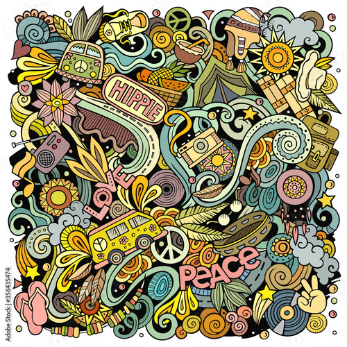Hippie hand drawn vector doodles illustration. Hippy poster design.