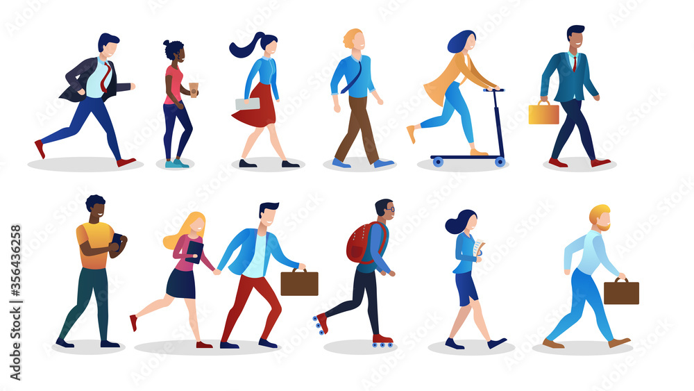 Collection People. International office workers. Hurry to work. Morning weekdays. Different races, nationalities. Hipster, Geek, Workaholic, Programmer, Lazy employee. Flat Cartoon Vector Illustration
