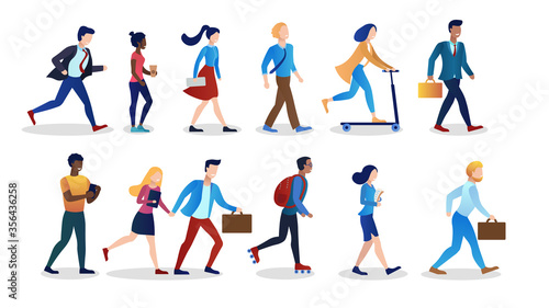 Collection People. International office workers. Hurry to work. Morning weekdays. Different races  nationalities. Hipster  Geek  Workaholic  Programmer  Lazy employee. Flat Cartoon Vector Illustration