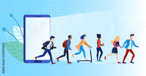 Group of Different people are running away from phone addiction. Modern people. Different races and nationalities. Exit to the real world. Modern Social Disease. Internet addiction. Flat Illustration