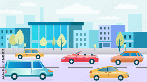 City street with cars. Modern houses, shops, sidewalks. Highway Traffic. Cars Collection. The bustle of the big city. City background. The problem of high traffic in cities. Flat Vector Illustration