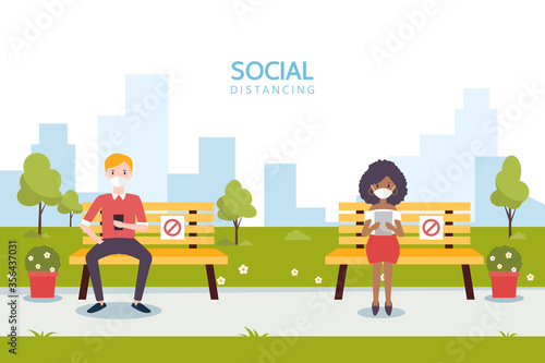 Social distancing concept illustration showing people in a park