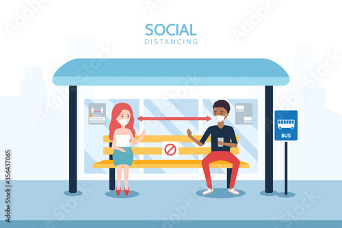 Social distancing concept illustration showing people at a bus station © Amimy