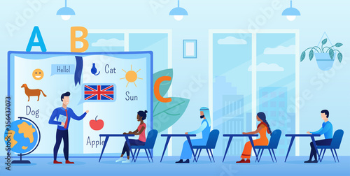 People of different nationalities are learning English. The teacher explains the basics. Students sit at desks. In the office. They communicate with each other. Flat vector cartoon illustration